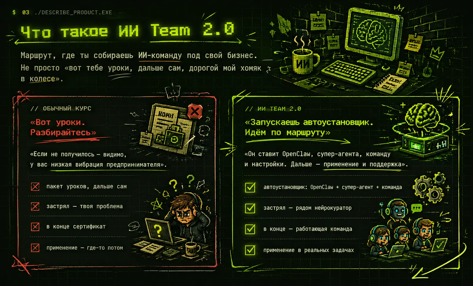 Сравнение: обычный курс с одиноким человеком в углу и ИИ Team 2.0 с автоустановщиком, нейрокуратором и работающей командой